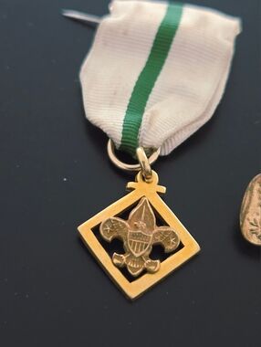 Gold Boy Scouts Fleur-de-lis Medal with Green-Striped Ribbon